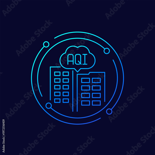 AQI icon, Air quality index in city, linear design