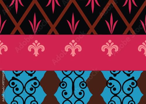 A horizontal repeating pattern of three bands displaying pink fleur-de-lis icons over a black lattice magenta background and blue scrolls.