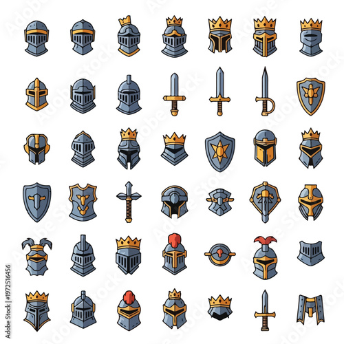Collection of medieval knight armor icons including helmets swords and shields.