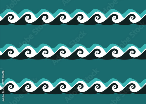 Three horizontal rows of stylized waves with white and black curves and spiral crests are arranged against a solid dark teal background.