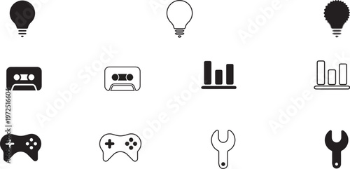 Set of creative and technical icons featuring light bulbs, cassette tapes, bar charts, game controllers, and wrench tools.