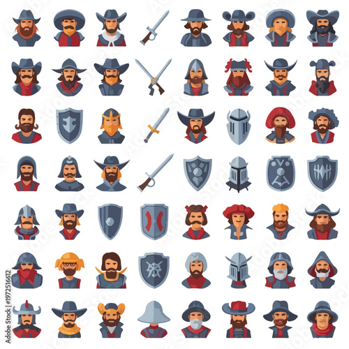 Collection of medieval knight avatars and weapons icons.