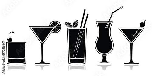 Collection of Five Black and White Cocktail with Garnishes