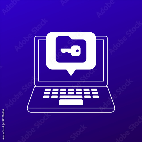 data encryption vector icon with laptop, folder and key