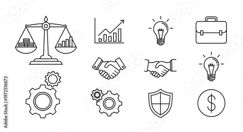 Business and Finance Icons - Scales, Graph, Handshake, and Gears.