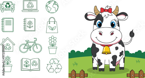 Eco friendly recycling icons set with green sustainability symbols and cute cartoon cow farm animal vector illustration