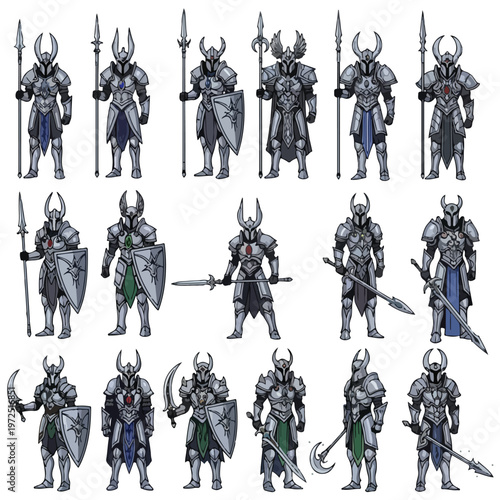 Collection of Fantasy Knight Characters in Armor Poses.