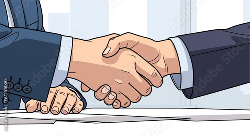 Business handshake symbolizing agreement and partnership between two individuals.