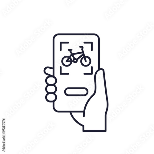 scan bike line icon with bicycle and phone in hand