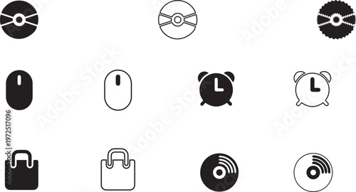 Set of technology and lifestyle icons featuring compact discs, computer mouse, alarm clocks, and shopping bags.