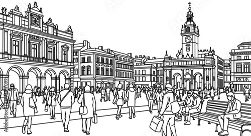 Bustling City Square - A Vibrant Urban Scene with Crowds and Architecture.