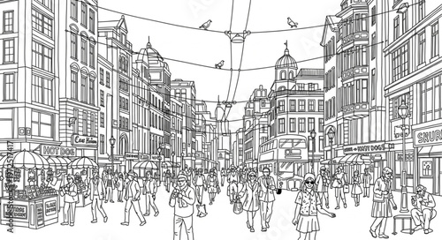 Bustling City Street Scene with Crowds and Architecture.