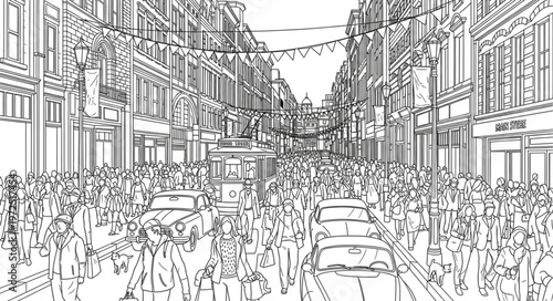 Bustling City Street Scene with Crowds and Festive Decorations.