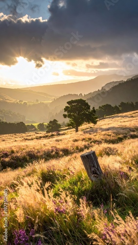 Serene Landscape with Lone Tree and Dramatic Sunset over Hills