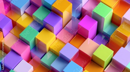 Colorful translucent cubes arranged in a dynamic abstract composition