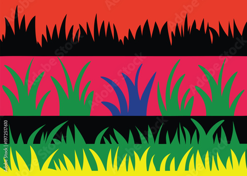 Four horizontal bands of grass silhouettes in bright varied colors.