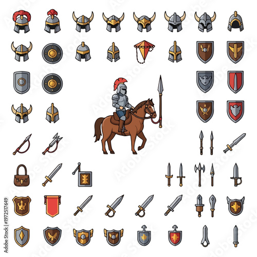 Collection of Medieval Knight Equipment and Fantasy Warrior Armor Icons.