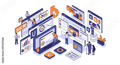 A focused businessman works remotely on his laptop while holding his phone, conveying dedication and adaptability – ideal for marketing materials, web