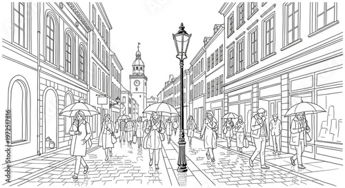 Bustling City Street Scene with Pedestrians and Historic Architecture.