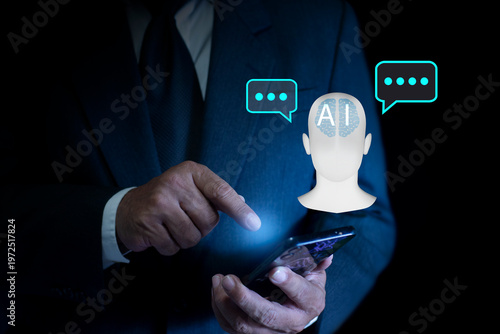 Man in suit holding AI Digital chatbot with speech bubbles symbol on hand. Innovative artificial intelligence agent, AI robot application, innovation and technology assistance concept.