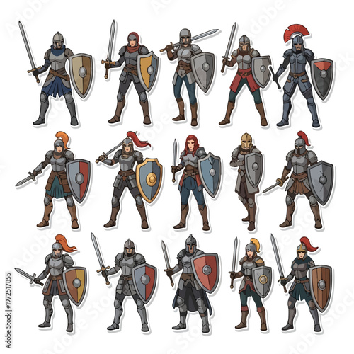 Collection of Fantasy Medieval Knight Characters in Full Armor with Swords and Shields.