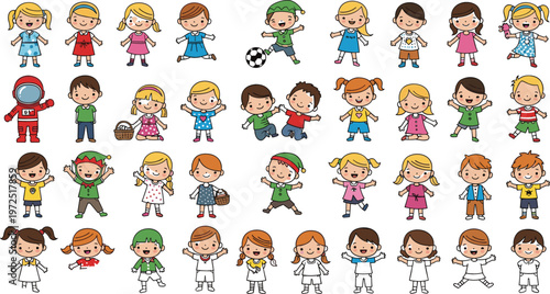 Cute cartoon kids character collection with boys and girls in different outfits and activities playful children vector illustration set