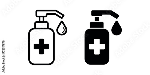 Black and white of hand sanitizer bottles with dispensing pump and droplets hygiene in white background