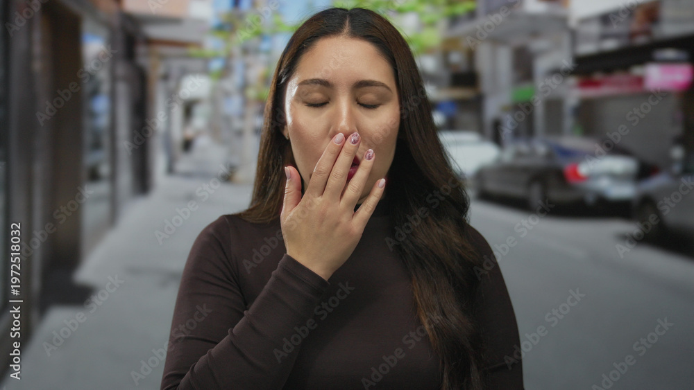 Fototapeta premium Young hispanic woman with painted nails in a sunlit urban city street holds finger to lips for silence; secrecy.