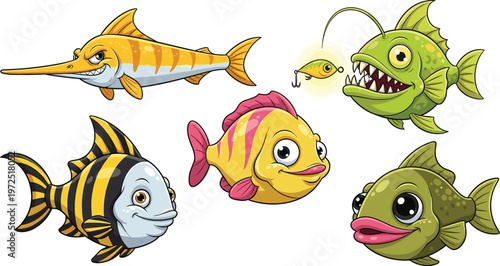 Colorful cartoon fish collection with anglerfish, swordfish and tropical sea creatures cute underwater animal vector illustration set