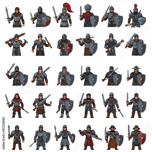 Collection of Fantasy Medieval Knight Characters with Weapons and Shields.