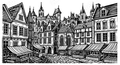 Bustling Medieval Market Square with Cobblestone and Timbered Buildings.