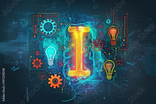 Innovative ai concept with neon gears and lightbulbs on digital interface