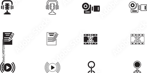 Set of content creation and multimedia production icons featuring podcast microphones, video cameras, film editing, and blogging symbols.