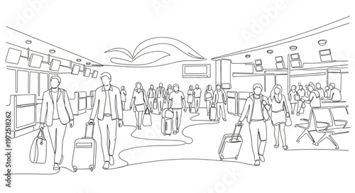 Busy Airport Terminal Scene with Travelers and Luggage.