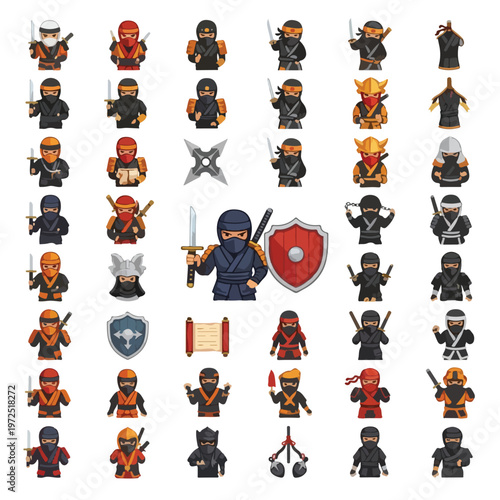 Collection of various cartoon ninja characters and warrior icons for game design.