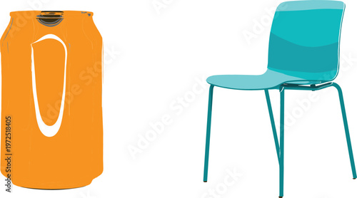 Aluminum soda can and modern plastic chair simple everyday objects cartoon style vector illustration isolated