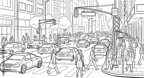 Busy City Street Scene with Cars and Pedestrians.