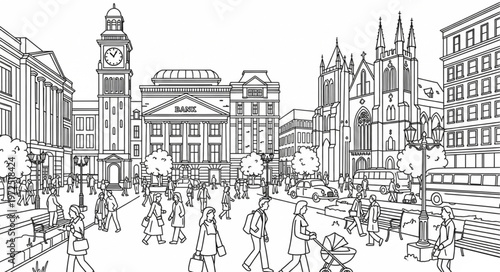 Busy Cityscape with Prominent Clock Tower and Gothic Architecture.