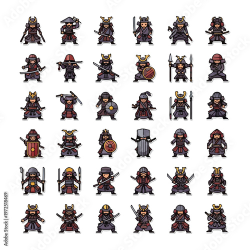 Collection of various chibi samurai warrior character icons in traditional armor.
