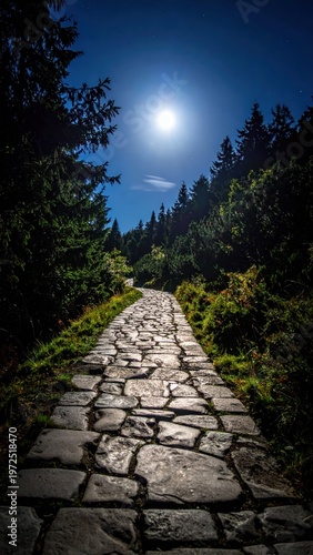 Serene Moonlit Pathway Through Lush Forest Landscape at Night