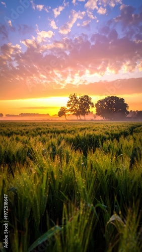 Serene Sunrise Over Lush Green Field with Vibrant Sky and Trees