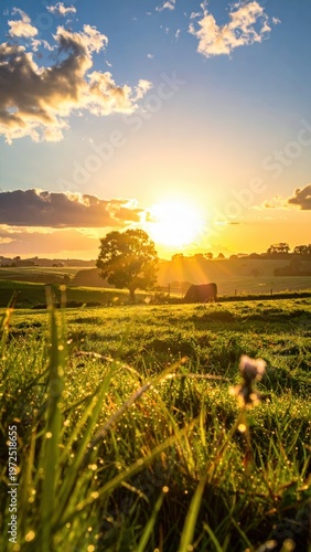 Majestic Sunrise Over Rolling Green Hills and Vibrant Sky