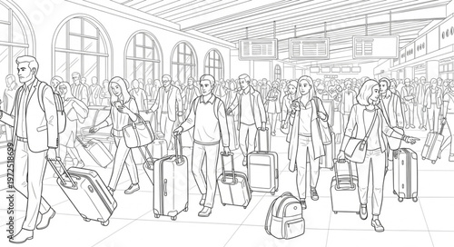 Busy Train Station Scene with Travelers and Luggage.