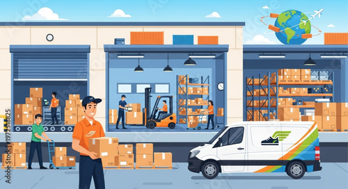Busy Warehouse Scene with Workers and Delivery Van.