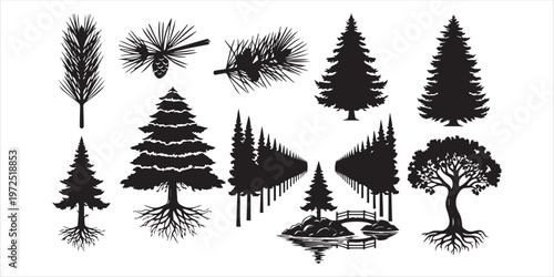 Pine tree and conifer silhouette vector set with roots and forest elements