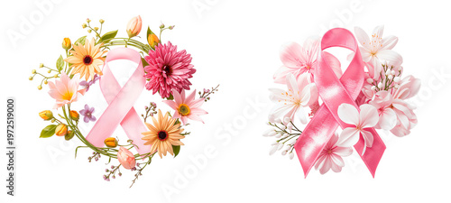 Pink ribbon Breast Cancer symbol with flowers isolated on transparent background