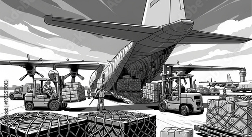 C-130 Hercules cargo plane being loaded with supplies.