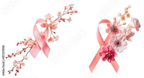 Pink ribbon Breast Cancer symbol with flowers isolated on transparent background