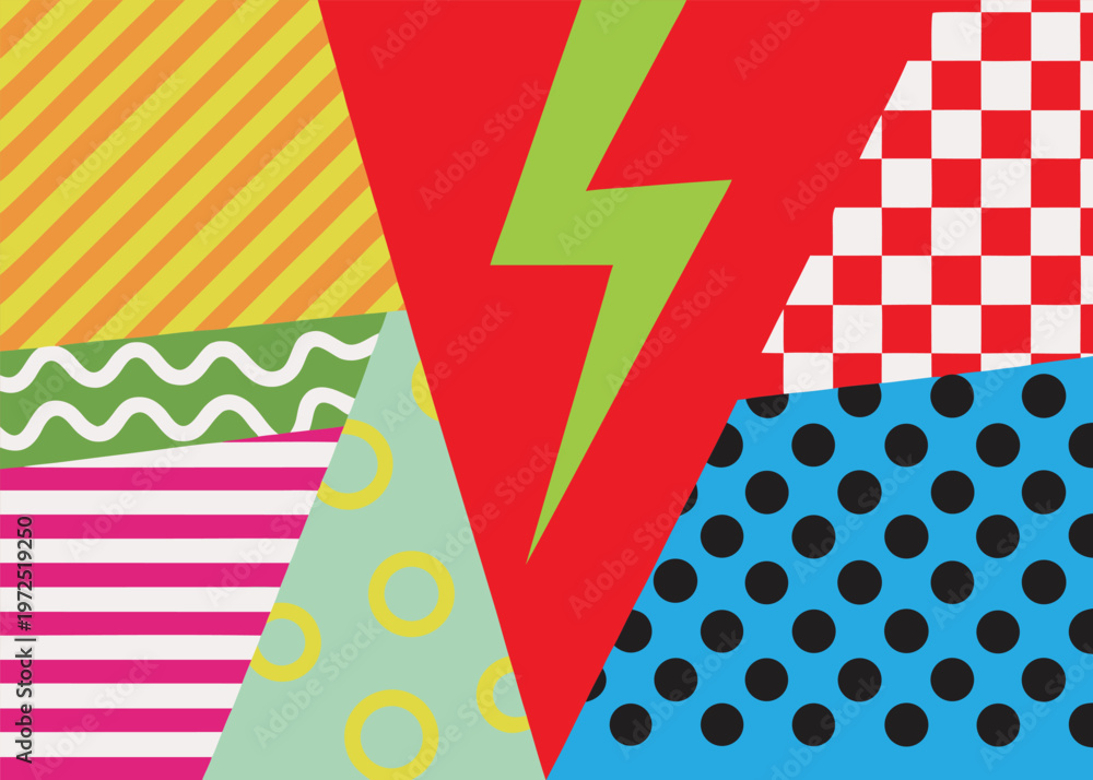 Obraz premium A lime green lightning bolt sits centered over a large red triangle within a collage of colorful geometric patterns and striped textures.