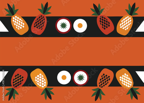 A stylized tropical illustration featuring horizontal bands of orange and black decorated with orange pineapples and citrus fruit slices against a simple background.